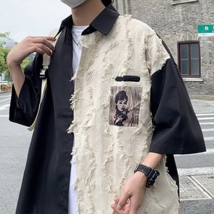 MA296-P37痞帅拼接衬衫短袖夏季港风复古休闲衬衣设计感外套图片