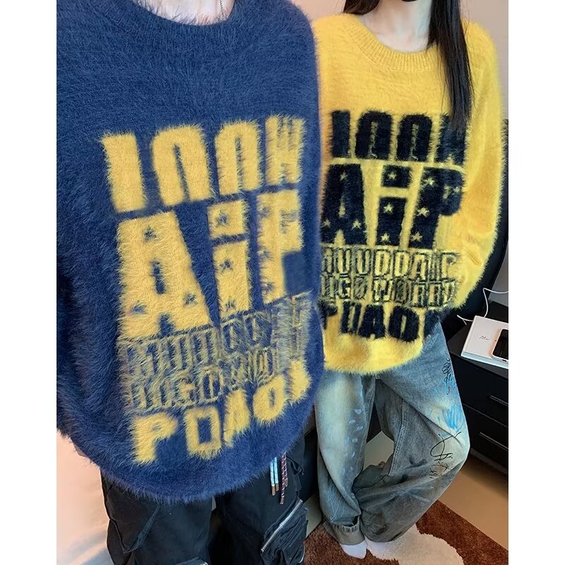 MA674-P58美式复古字母提花毛衣男女宽松慵懒风情侣针织衫上衣,男装针织衫/毛衣,星座1611A
