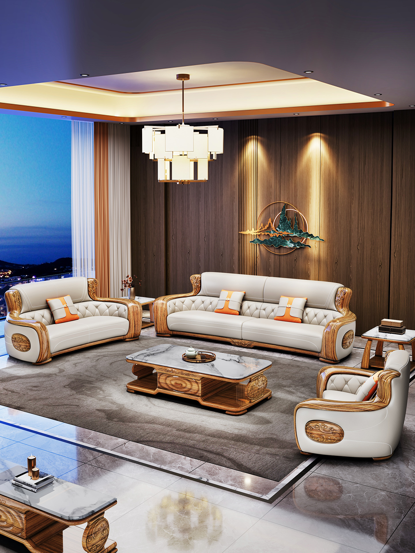 欧式乌金木真皮沙发现代别墅大户型新中式客厅头层牛皮全实木家具