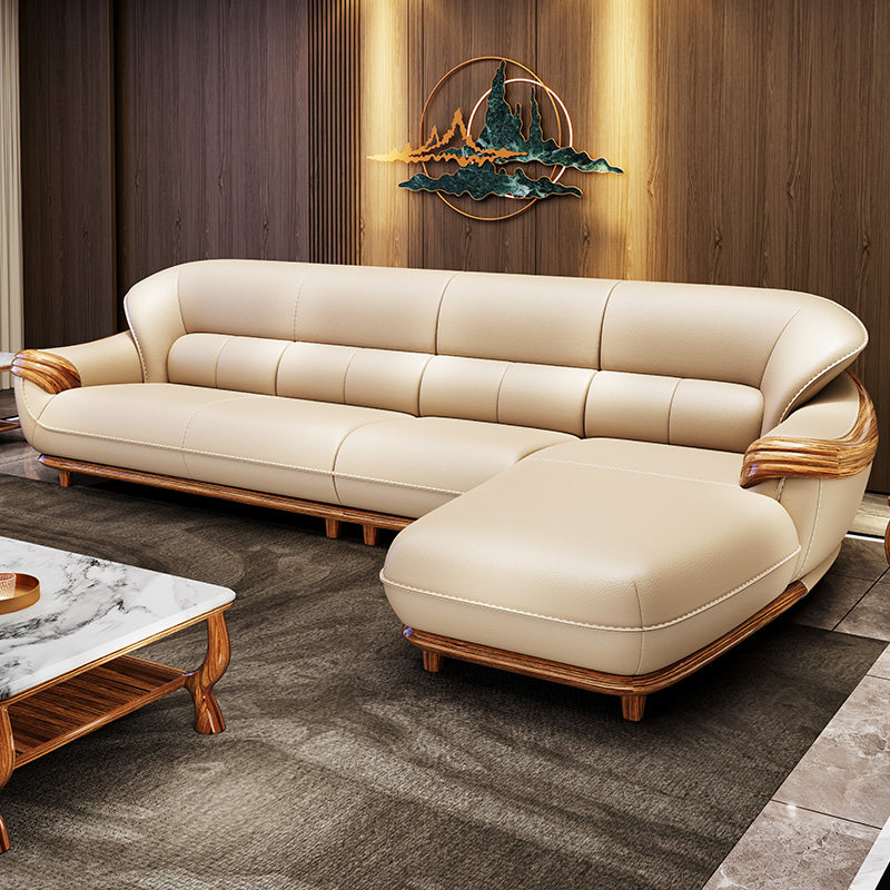 现代乌金木真皮转角沙发新中式客厅小户型拐角全实木头层牛皮L型