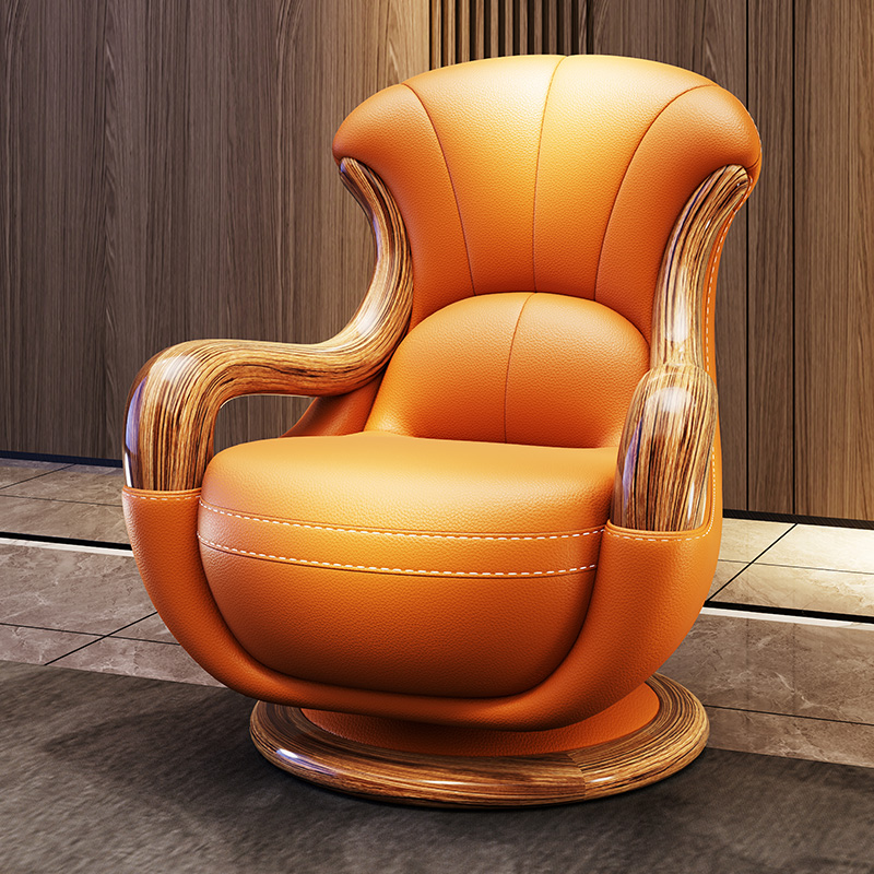 新中式乌金木真皮沙发单人椅客厅现代实木带旋转休闲椅卧室高背椅
