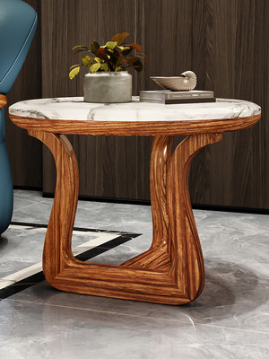 新中式乌金木圆形大理石角几现代简约客厅沙发全实木整装家用边几