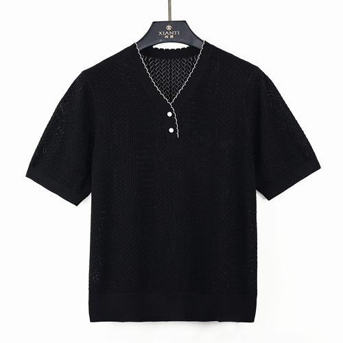 【闲提】夏季新款气质百搭高级感女装撞边显瘦短袖上衣XT-2522076