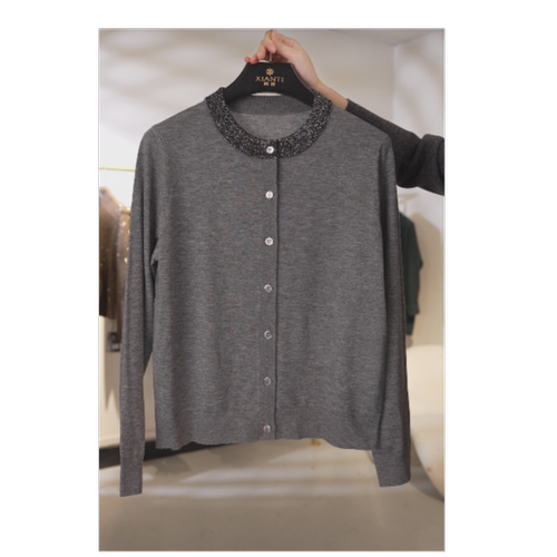 新款气质百搭洋气女装撞边羊毛长袖开衫外套女XT-2617161