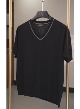 【闲提】高品质时尚高支羊毛撞边V领短袖针织衫女春夏-2502050A