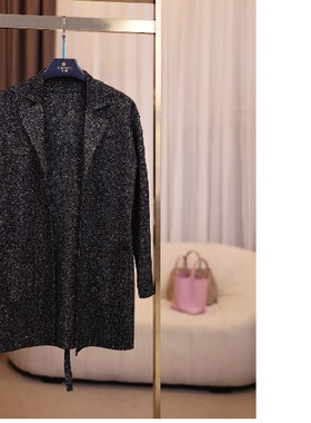 【闲提】黑金时尚意大利银丝黑色星耀中长款西装外套女秋冬241219
