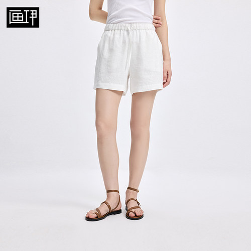 画伊2025夏季新款抽绳松紧腰纯亚麻休闲短裤阔腿热裤女6CKZ4778