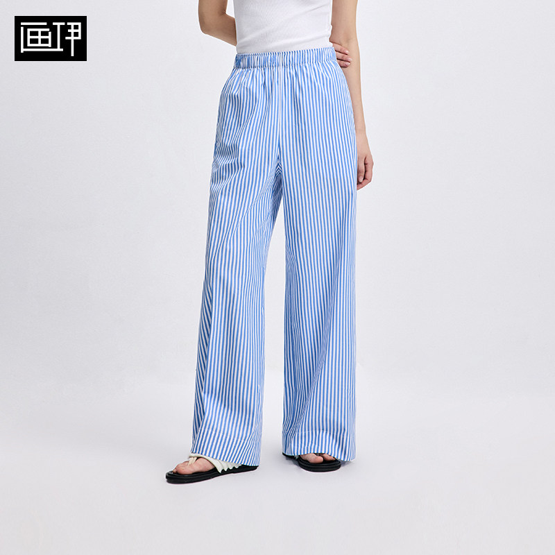 画伊夏季舒适全棉蓝色条纹直筒裤休闲阔腿裤女外穿居家裤6CKZ5017
