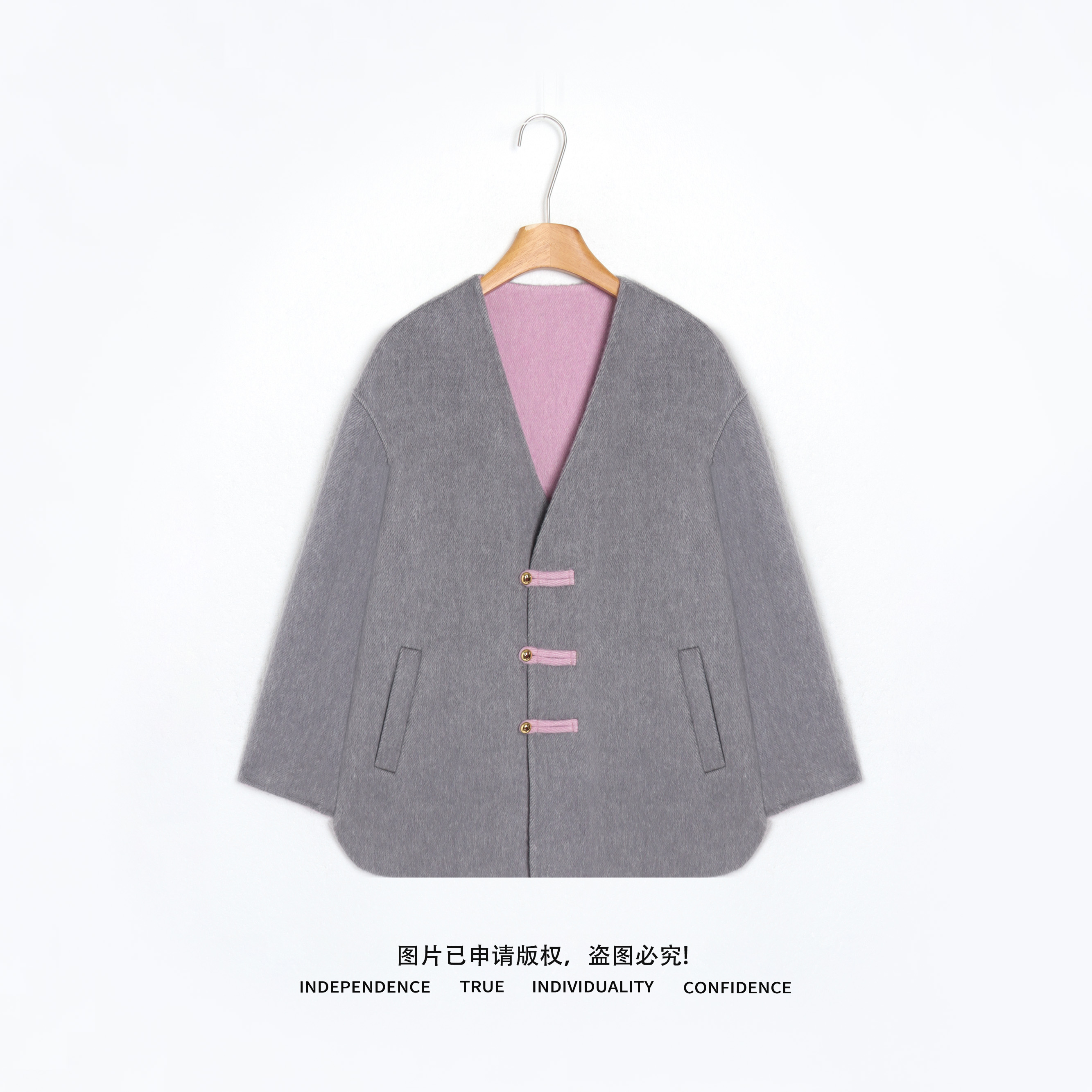 温温【冬雪】新中式绵羊毛大衣羊驼毛V领洋气拼色毛呢外套YM35057