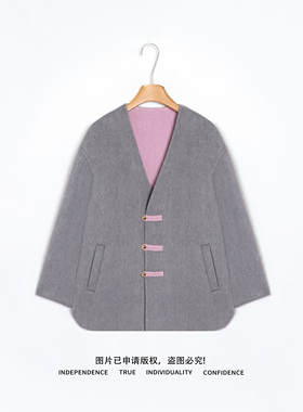 温温【冬雪】新中式绵羊毛大衣羊驼毛V领洋气拼色毛呢外套YM35057