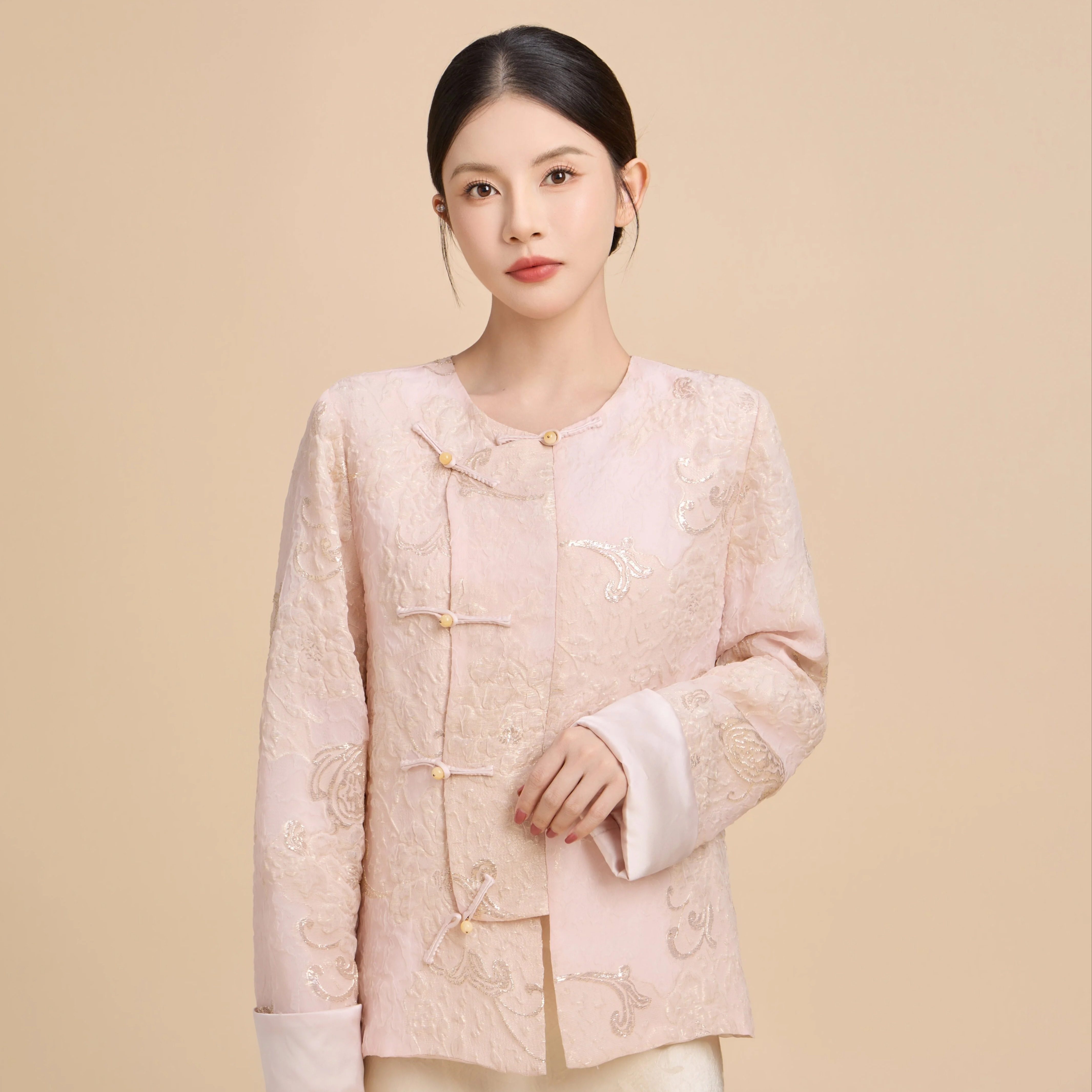 温温【豆蔻】真丝外套女剪花欧根纱盘扣新年袖温柔显白上衣412878