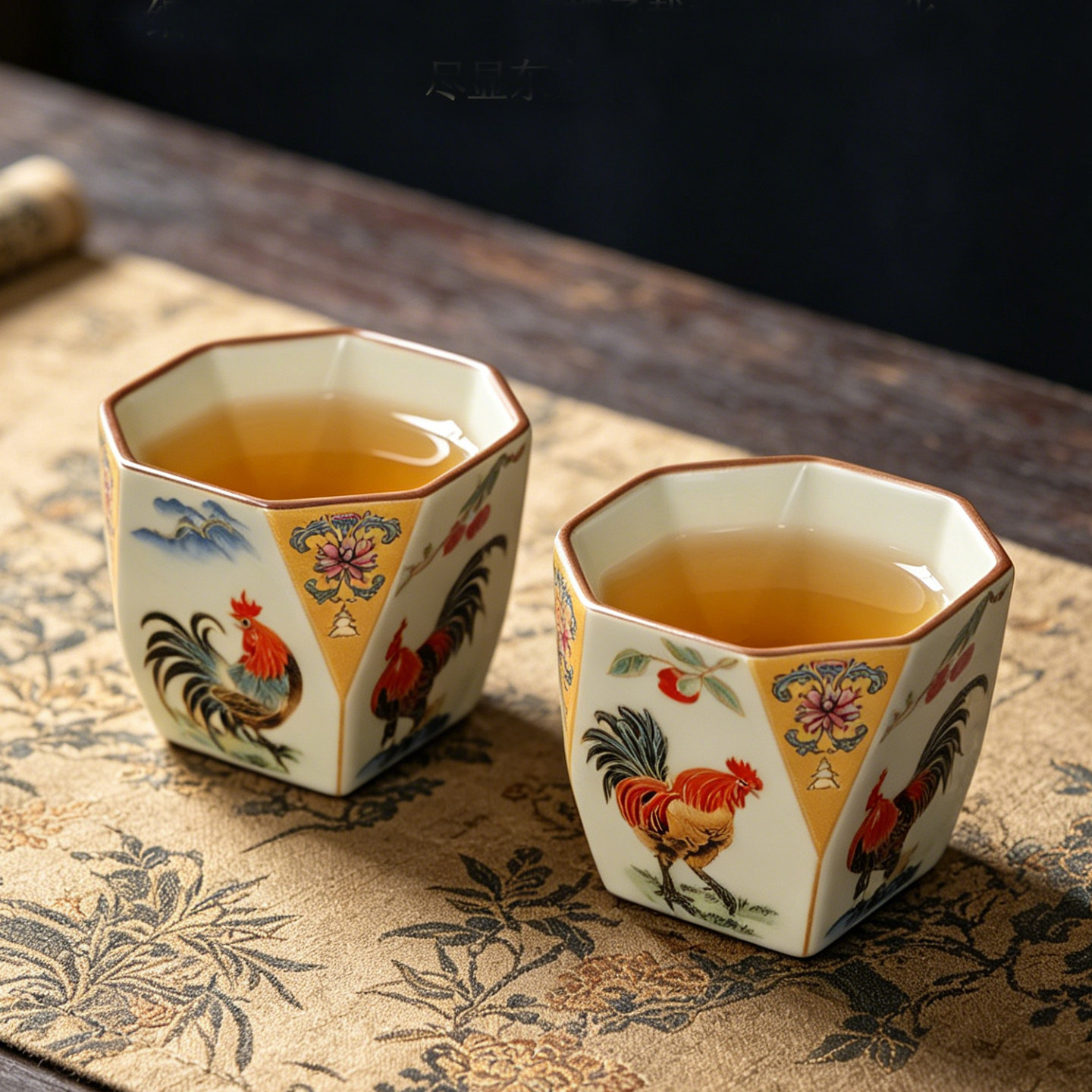 汝窑陶瓷功夫茶具 公鸡纹八角茶杯手绘茶杯 办公家用主人杯