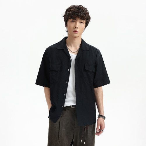 PKL天丝亚麻轻薄工装短袖衬衫男