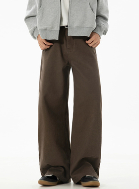 PKL 秋冬美拉德纯棉牛仔裤男宽松直筒大码美式潮牌纯色阔腿长裤子