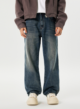 PKL复古重磅水洗宽松直筒牛仔裤男春夏款高街男生秋季休闲阔腿裤