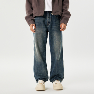 休闲阔腿裤 高街男生秋季 男春夏款 PKL复古重磅水洗宽松直筒牛仔裤