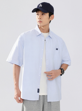 PKL 春夏纯棉衬衫短袖男条纹宽松大码简约休闲日系翻领半袖上衣潮