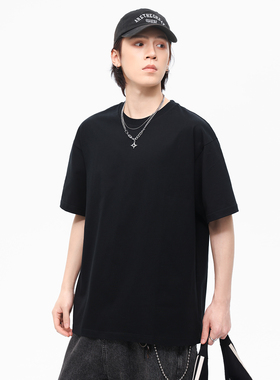 PKL三本针260g重磅短袖t恤男款纯棉圆领宽松纯色水洗黑色打底衫夏