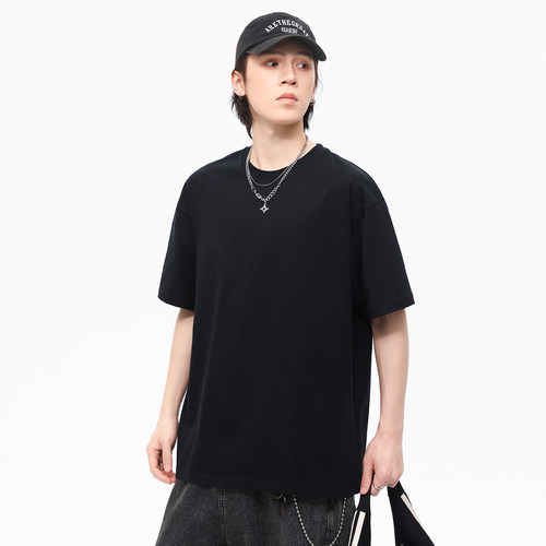 PKL三本针260g重磅短袖t恤男款纯棉圆领宽松纯色水洗黑色打底衫夏