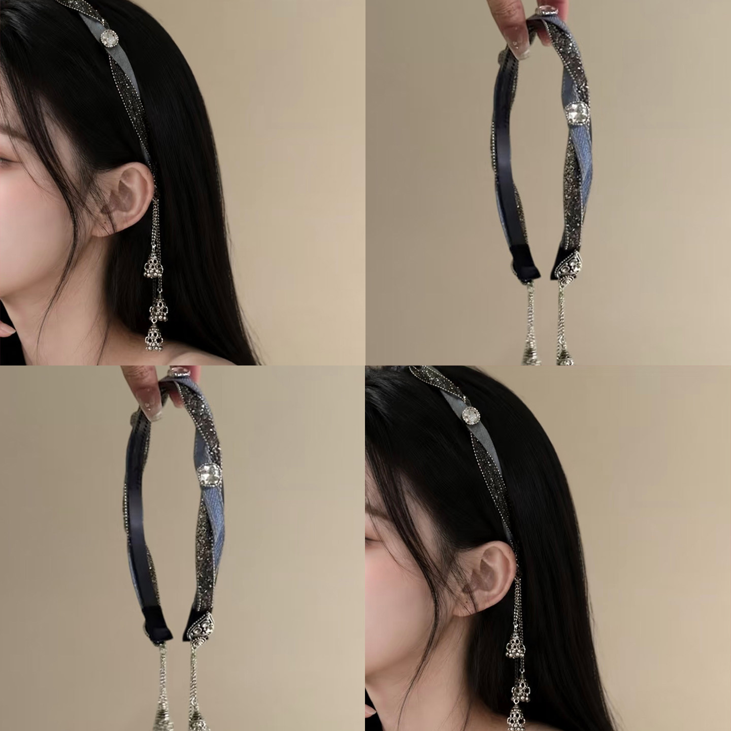 复古轻奢牛仔闪钻流苏发箍