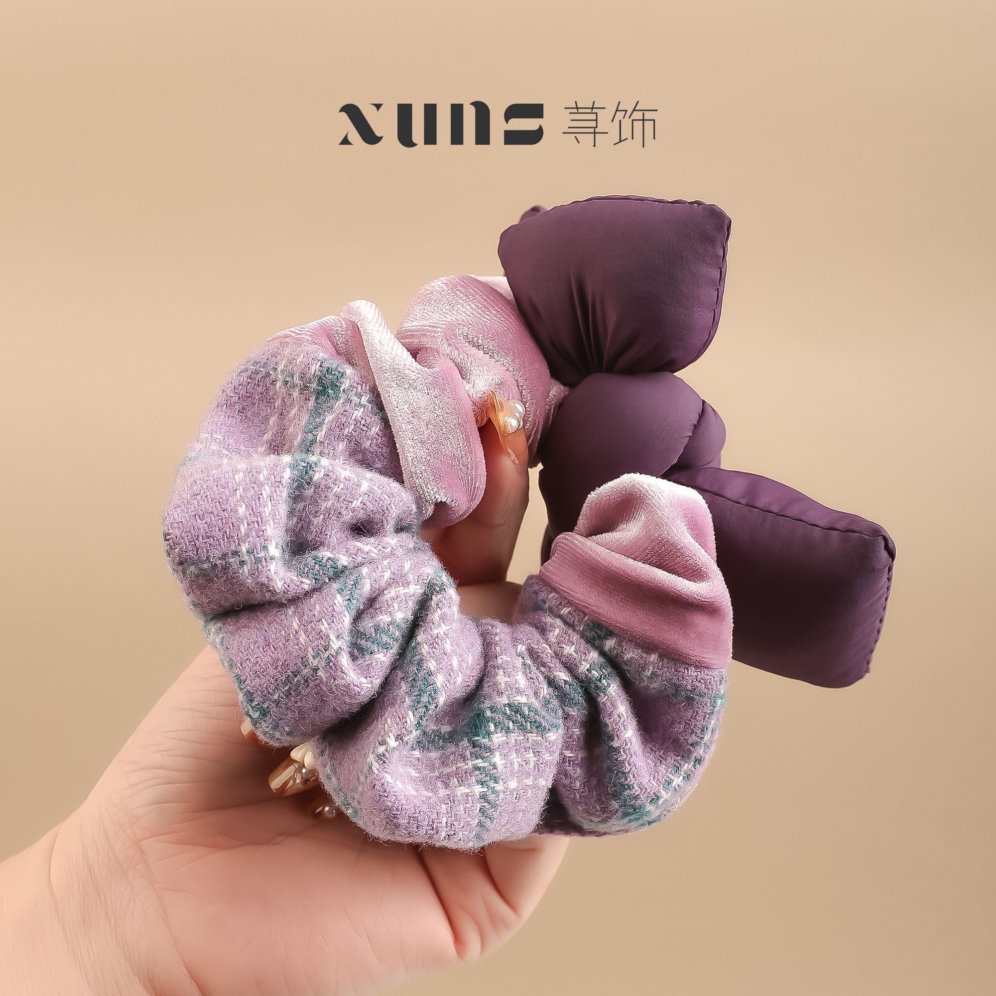蝴蝶结发圈丝绒棉拼接发绳头饰秋冬新款气质扎马尾紫色大肠圈洋气
