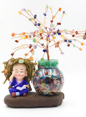 水晶碎石草帽和尚禅思不听不看不说发财树摆件创意景观办公装饰品