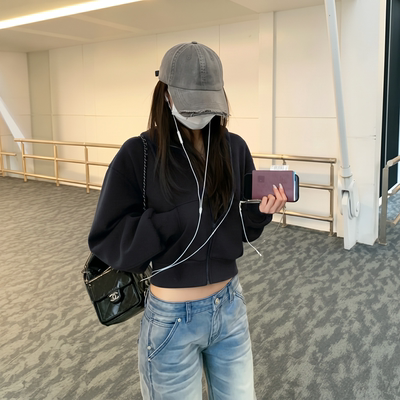 黑色短款卫衣外套女秋冬加绒加厚2026新款小个子美式连帽拉链上衣