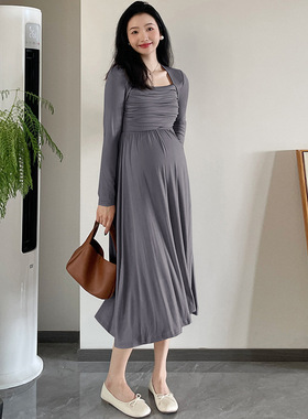 孕妇连衣裙法式复古设计感过膝长裙气质收腰显瘦百搭轻熟风长裙