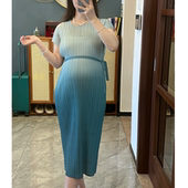孕妇短袖 圆领长裙褶皱连衣裙渐变晕染宽松系腰带显瘦弹力直筒裙
