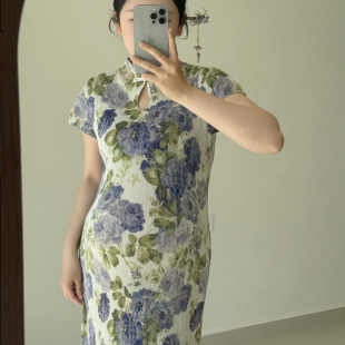 气质优雅短袖 印花复古开叉中长款 包臀长裙 旗袍新中式 孕妇裙改良版