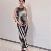 孕妇春夏无袖 长裙法式 条纹撞色高腰背心裙抽绳收腰显瘦针织连衣裙