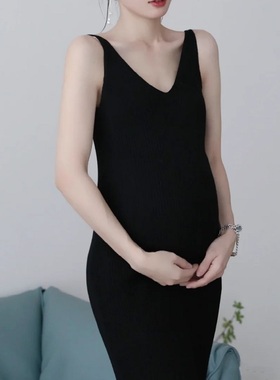 孕妇秋冬中长款针织吊带连衣裙包臀无袖打底孕妇纯色背心内搭长裙