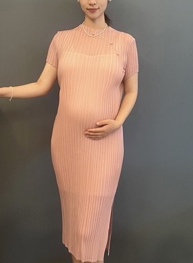 孕妇新中式褶皱连衣裙夏复古风开叉修身显瘦压褶中长裙气质旗袍裙