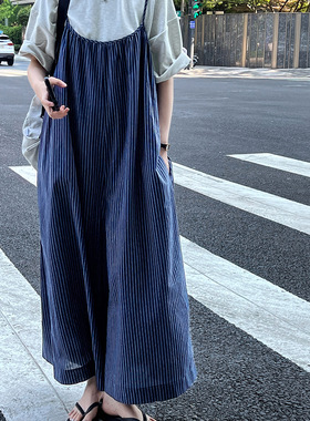 孕妇复古蓝色条纹背带裤秋季宽松休闲阔腿慵懒风减龄吊带连体裤裙