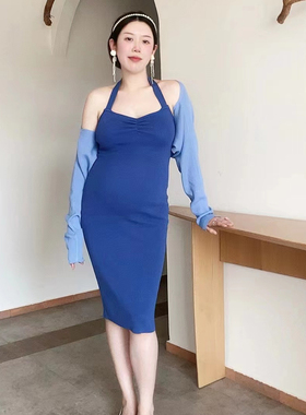 孕妇夏季港味复古气质中长挂脖连衣裙防晒坎肩露背修身背心裙套装