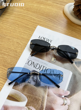 蓝色无边框时髦高级感拍照墨镜潮