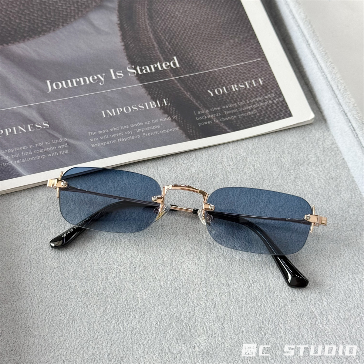 时髦复古无边框蓝色太阳镜女高级感方形欧美风拍照显瘦墨镜男小脸