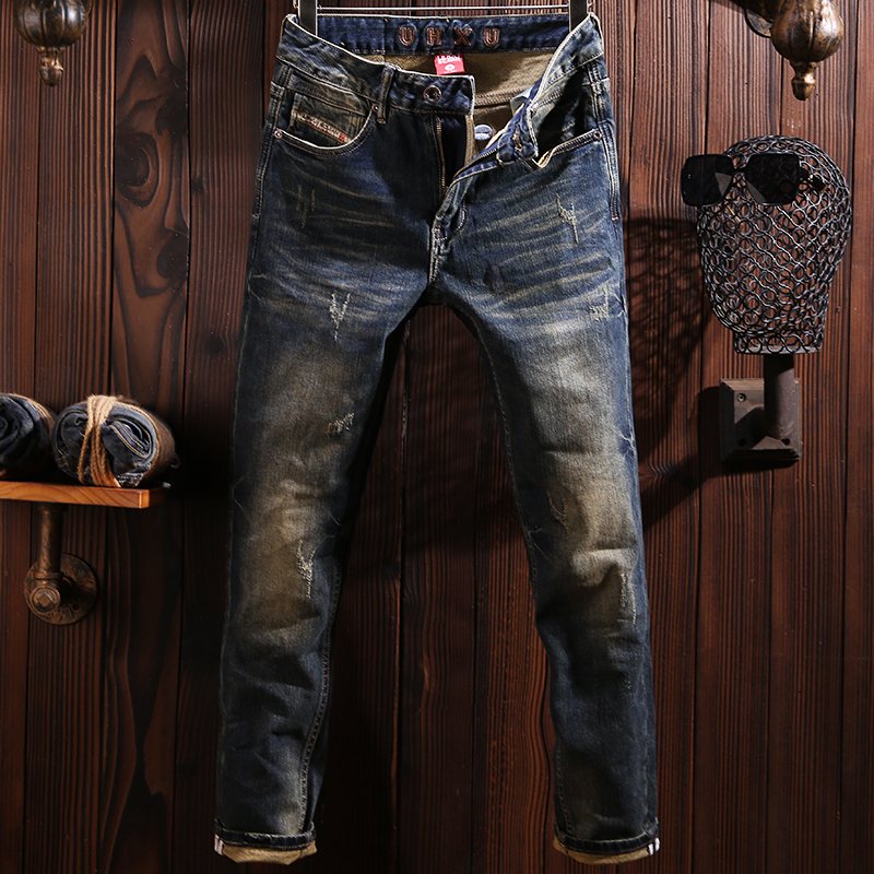 秋冬新款潮牌修身深蓝色牛仔裤男机车复古个性时尚青年小脚长裤子