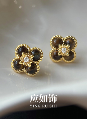 秋冬美拉德色系四叶草耳钉/耳夹