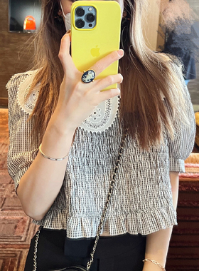 ZOW小辣椒 丽丽贝特 水溶花瓣领撞色细格上衣女/连衣裙