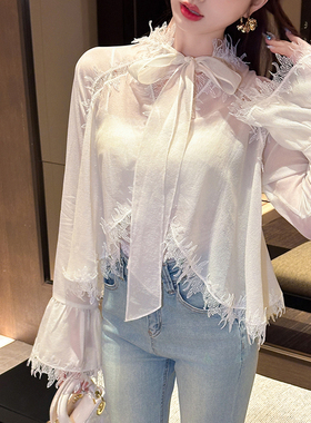 【初茶白露】设计蕾丝拼接舒适田园度假风领带衬衫 已售 9