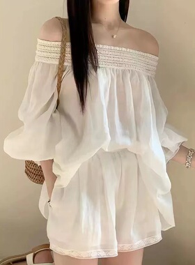月牙湾 天丝苎麻宽松一字肩上衣/休闲气质短裤套装