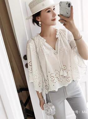 ZOW小辣椒 洋气小衫女 2018夏季新品定制甜美水溶刺绣镂空上衣