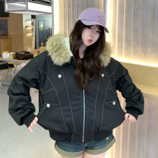 大毛领棉服女2026年冬季派克服宽松加厚保暖短款连帽棉衣工装外套
