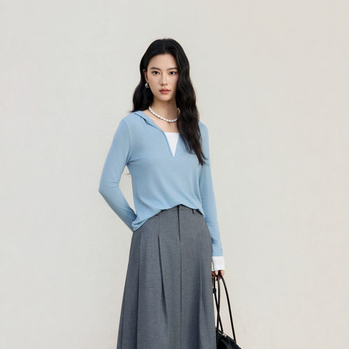 长袖t恤女2026年春秋新款假两件连帽修身薄款针织衫棉打底衫上衣
