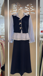 春季新款韩版别致辣妹拼接假两件衬衫上衣女显瘦半身裙学院风套装