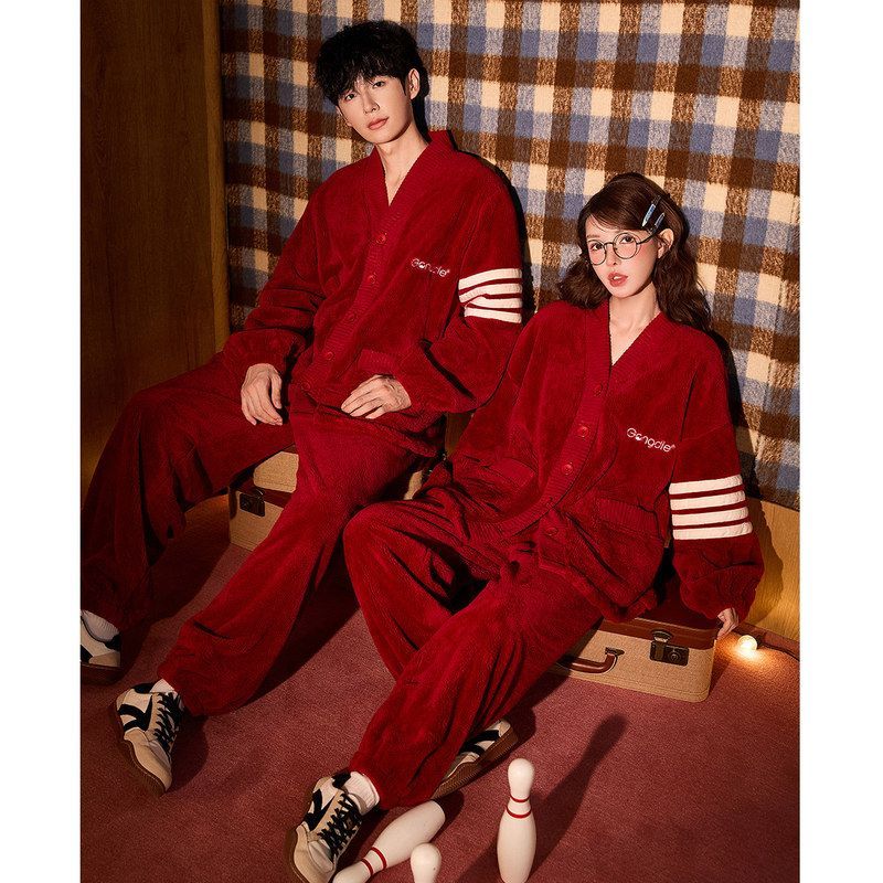 2025【蓄热型】秋冬红色情侣睡衣女加厚珊瑚绒新婚家居服男士套装