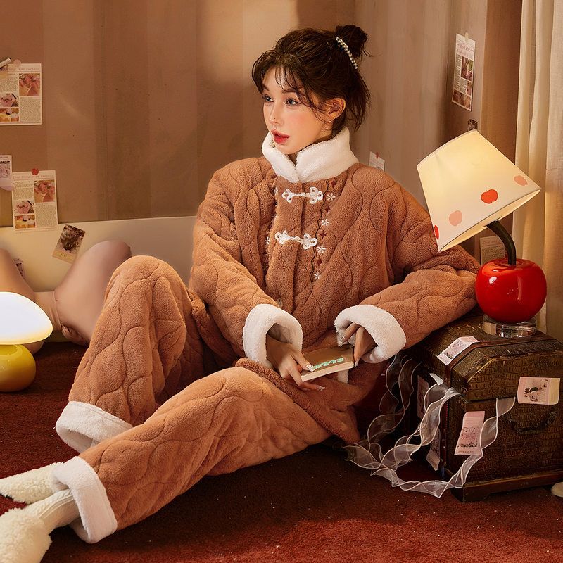 宫蝶【御寒型】新中式可爱女士睡衣套装珊瑚绒夹棉秋冬保暖家居服
