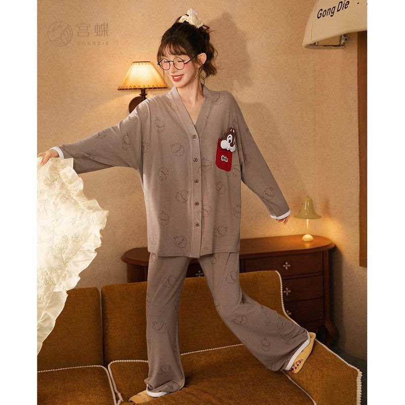 宫蝶【蓄热型】联名款奇奇蒂蒂德绒睡衣女秋冬保暖休闲可爱家居服