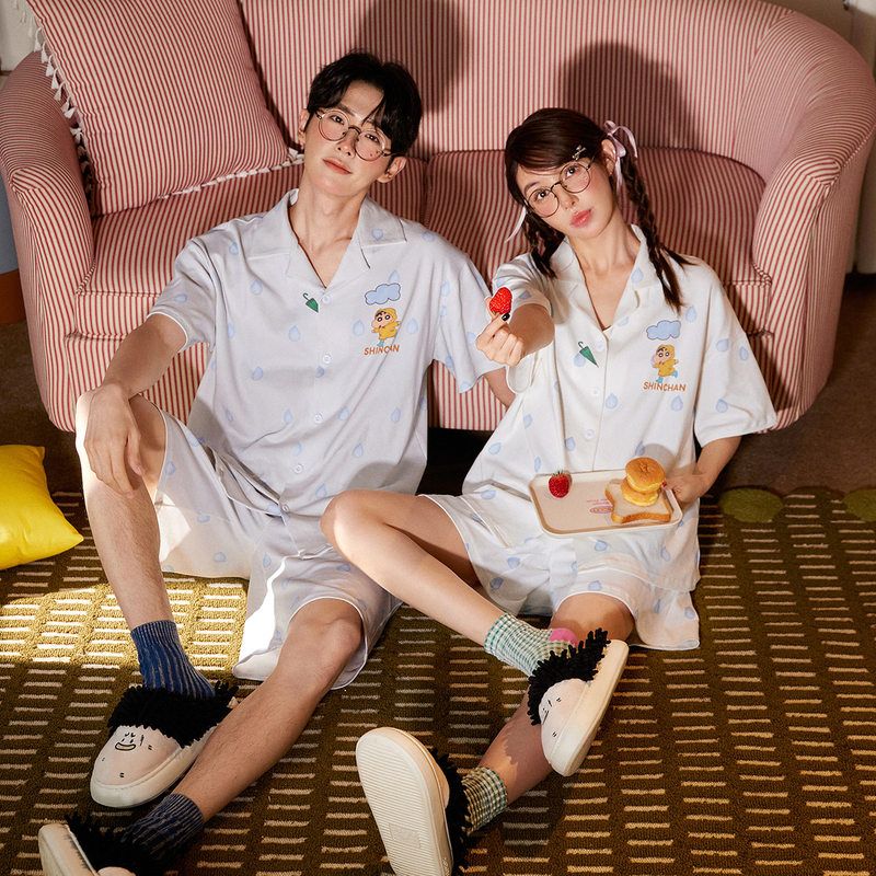 宫蝶【凉感型】蜡笔小新情侣睡衣女短袖纯棉大码男士开衫家居服夏